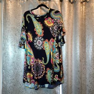 Ruffle Sleeve Swing Dress Paisley Pattern